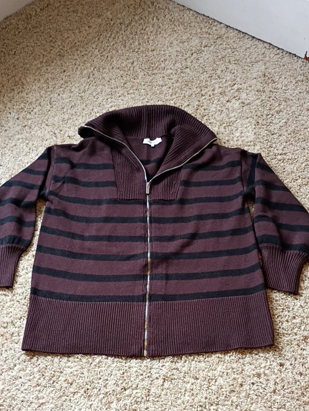 WeWoreWhat Brown and Black Striped Zip-Up Shawl Collar Cardigan
